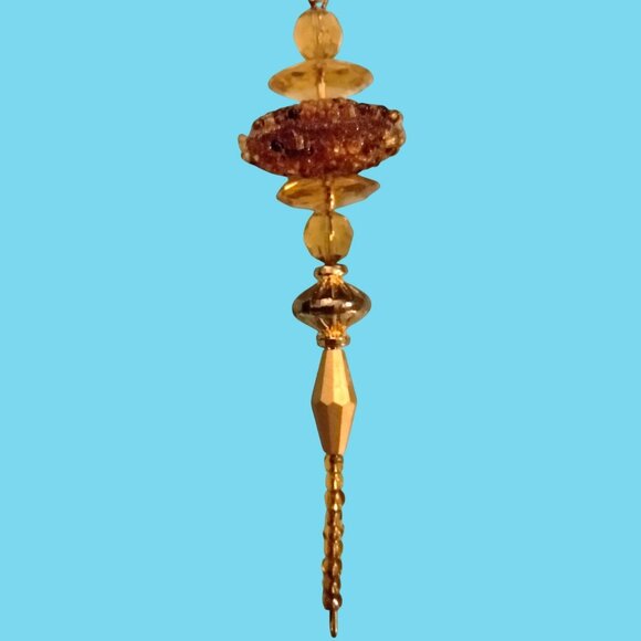 Beaded Amber Suncatcher Gold Glass Spindle Ornament Pendulum - Picture 1 of 8